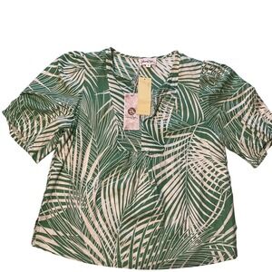Panama Jack Palm Leaf Print Tunic Top Womens Small Green White Linen Blend